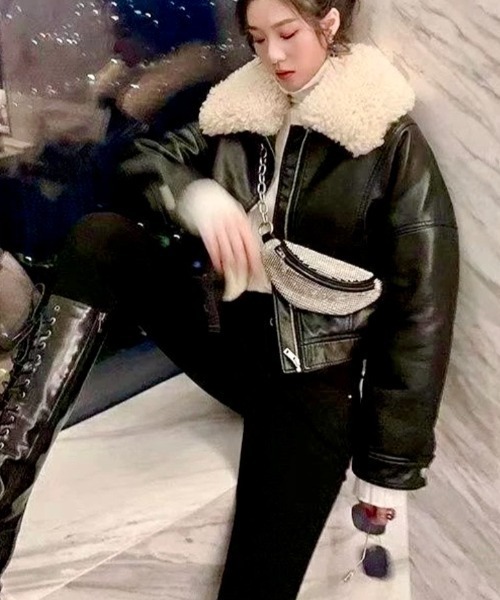 セール】ボア襟 フェイクレザーショートジャケット/ライダース風