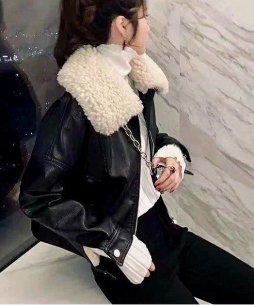 セール】ボア襟 フェイクレザーショートジャケット/ライダース風