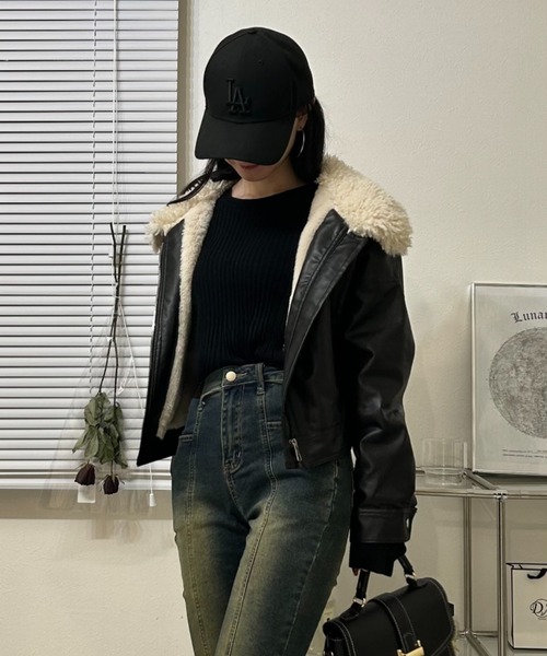 セール】ボア襟 フェイクレザーショートジャケット/ライダース風