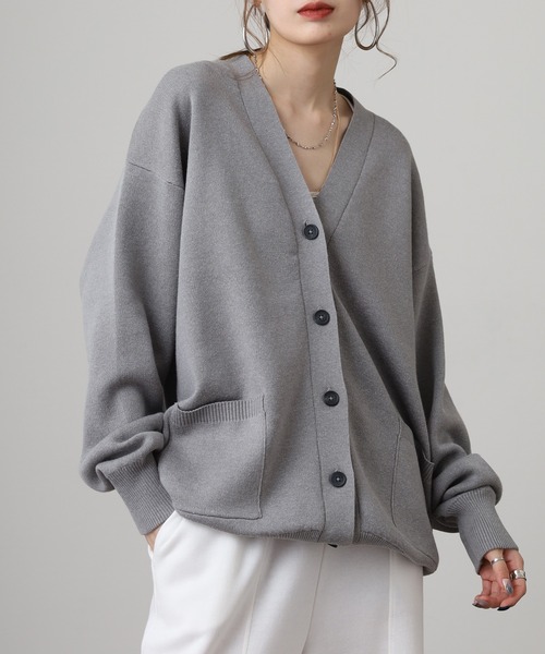 OMNES（オムネス）の「スウェットライクニットVネック長袖カーディガン（カーディガン/ボレロ・レディース・ブラック/モカ/グレー・FREE）」の3枚目の写真