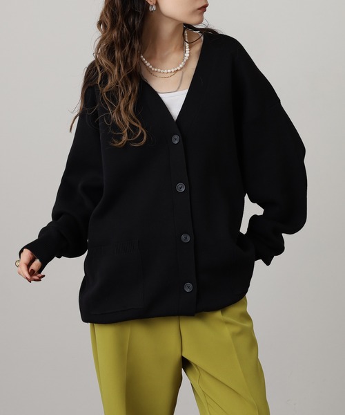 OMNES（オムネス）の「スウェットライクニットVネック長袖カーディガン（カーディガン/ボレロ・レディース・ブラック/モカ/グレー・FREE）」の2枚目の写真