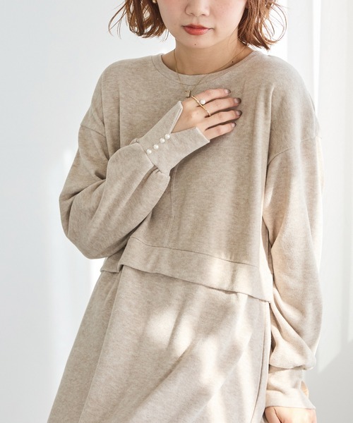 LAVEANGE(ラビアンジェ)の「袖パールニットライクワンピース(ワンピース・レディース・ベージュ/ブラック・M/LL/3L/4L/5L)」の1枚目の写真