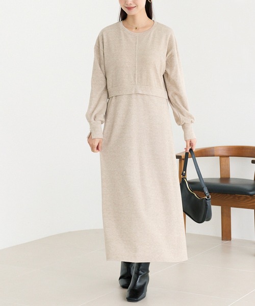 LAVEANGE(ラビアンジェ)の「袖パールニットライクワンピース(ワンピース・レディース・ベージュ/ブラック・M/LL/3L/4L/5L)」の4枚目の写真
