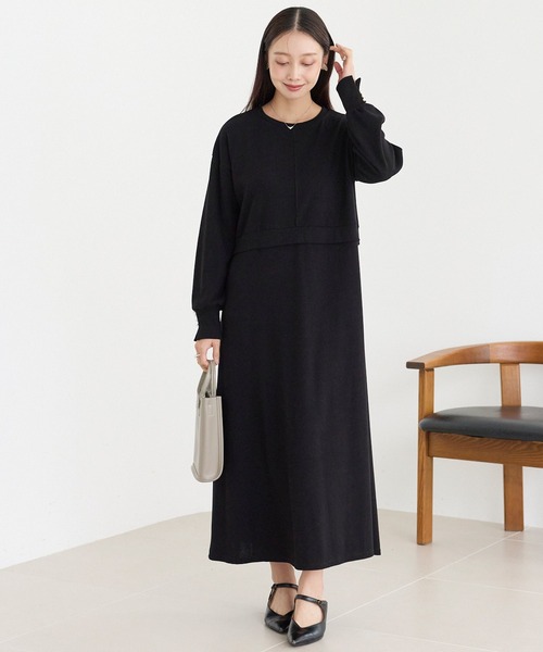 LAVEANGE(ラビアンジェ)の「袖パールニットライクワンピース(ワンピース・レディース・ベージュ/ブラック・M/LL/3L/4L/5L)」の14枚目の写真