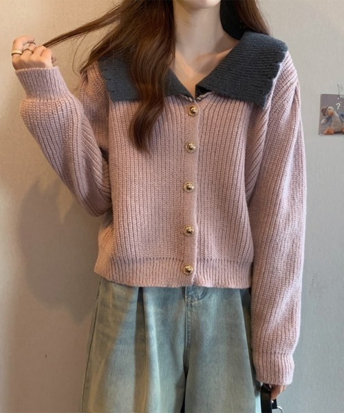 セール】ニットカーディガン レディース 大きめ襟（ニット/セーター