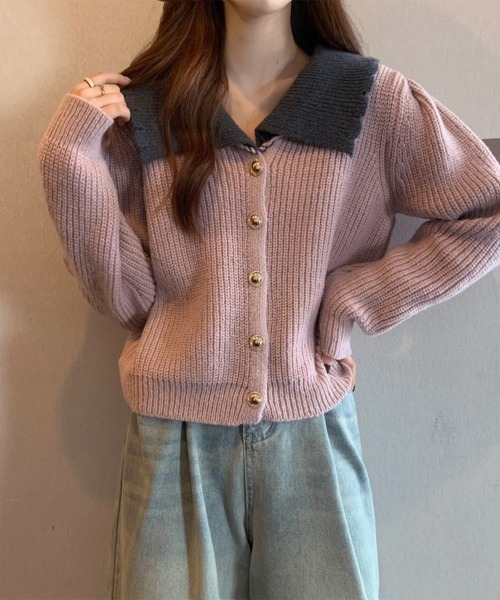 セール】ニットカーディガン レディース 大きめ襟（ニット/セーター