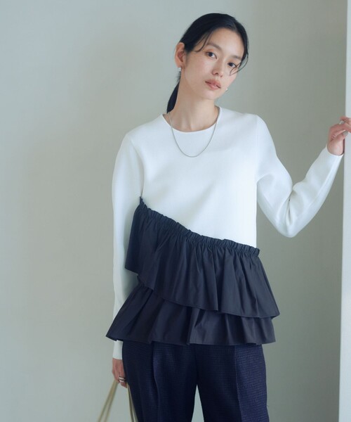 セール】タフタ ドッキング ペプラム プルオーバー ニット