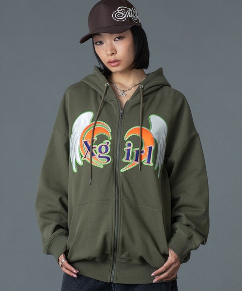 X-girl（エックスガール）の「HEART AND WING ZIP UP SWEAT HOODIE（パーカー・レディース・ブラック/アッシュ/オリーブ・S/M）」の3枚目の写真