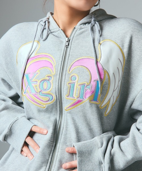 X-girl（エックスガール）の「HEART AND WING ZIP UP SWEAT HOODIE（パーカー・レディース・ブラック/アッシュ/オリーブ・S/M）」の5枚目の写真