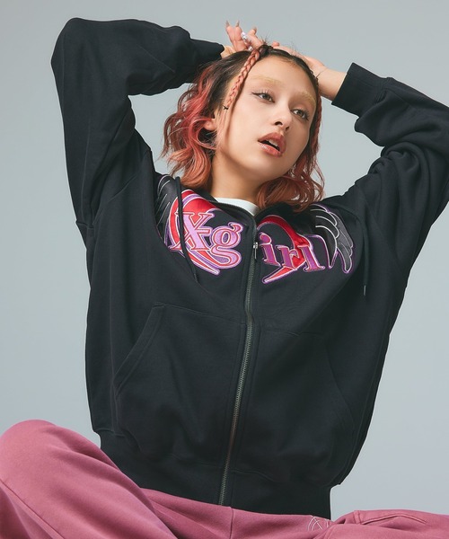 X-girl（エックスガール）の「HEART AND WING ZIP UP SWEAT HOODIE（パーカー・レディース・ブラック/アッシュ/オリーブ・S/M）」の7枚目の写真