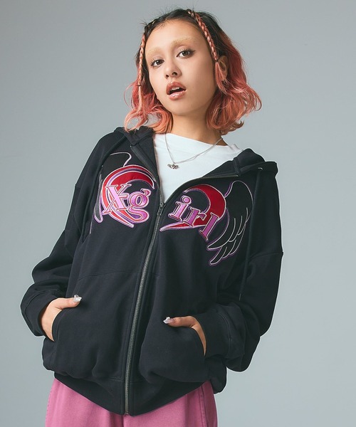 X-girl（エックスガール）の「HEART AND WING ZIP UP SWEAT HOODIE（パーカー・レディース・ブラック/アッシュ/オリーブ・S/M）」の8枚目の写真