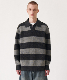 Wool mixed stripe collar knit_Grey