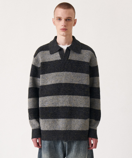 Wool mixed stripe collar knit — серый