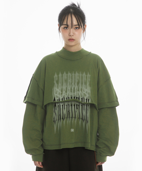 CHAOS LETTERING SHORT+LONG SLEEVE LAYERED SET - KHAKI
