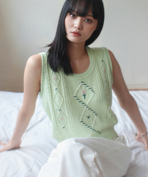 孫刺繍ヴィンテージフラワーニットベスト_ミント