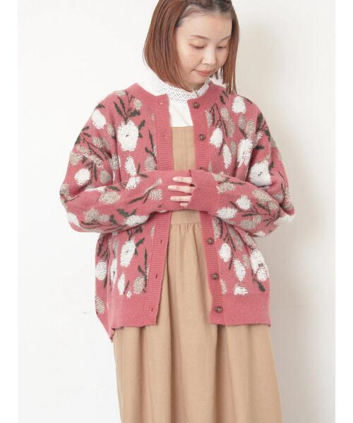 Samansa Mos2（サマンサ モスモス）の「ループ花柄ジャガードニットカーディガン（カーディガン/ボレロ・レディース・キナリ/モカ/グレー/ピンク・F）」の4枚目の写真