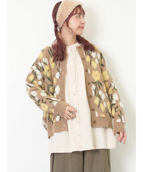 希少SWASH LONDON ウール花柄カーディガン オリーブグリーンS（C2 セール】 花柄ジャカードカーディガン（ブラック/ベージュ/グリーン
