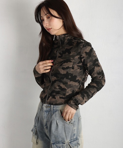 WESTSEA（ウエストシー）の「カモフラ柄 ショート丈 フルジップカットソー 薄手（Tシャツ/カットソー・レディース・チャコール/カーキ・FREE）」の3枚目の写真