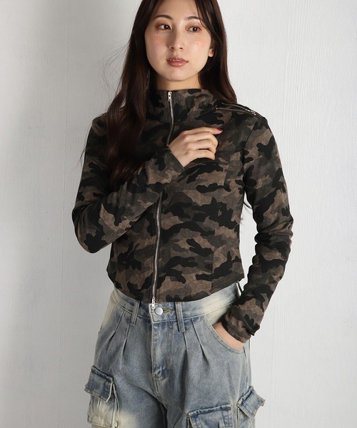 WESTSEA（ウエストシー）の「カモフラ柄 ショート丈 フルジップカットソー 薄手（Tシャツ/カットソー・レディース・チャコール/カーキ・FREE）」の4枚目の写真