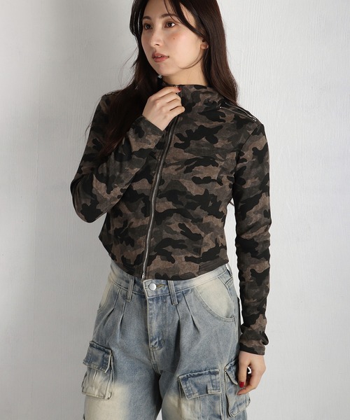 WESTSEA（ウエストシー）の「カモフラ柄 ショート丈 フルジップカットソー 薄手（Tシャツ/カットソー・レディース・チャコール/カーキ・FREE）」の5枚目の写真