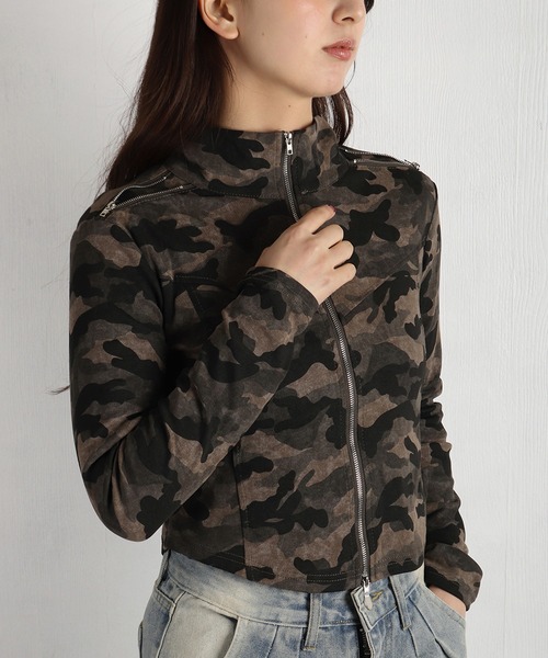 WESTSEA（ウエストシー）の「カモフラ柄 ショート丈 フルジップカットソー 薄手（Tシャツ/カットソー・レディース・チャコール/カーキ・FREE）」の7枚目の写真