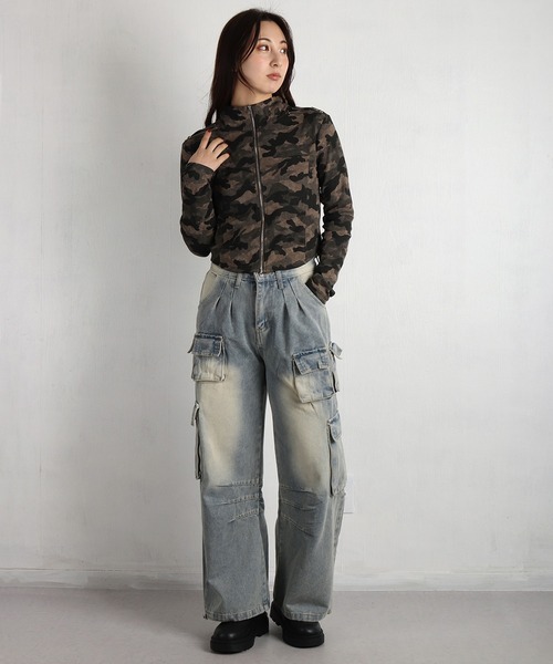 WESTSEA（ウエストシー）の「カモフラ柄 ショート丈 フルジップカットソー 薄手（Tシャツ/カットソー・レディース・チャコール/カーキ・FREE）」の8枚目の写真