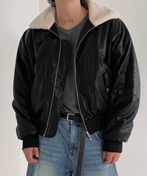 NOWLE（ノウル）の「【NOWLE】ボア襟　PUフェイクレザー ショート ボンバージャケット ブルゾン（ブルゾン）」