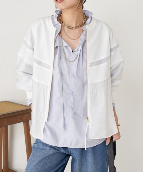 Jena espace merveilleux（ジェナ　エスパスメルヴェイユ）の「【上品シアー】ヨウリュウブルゾン（ノーカラージャケット・レディース・オフホワイト/ブラック/ベージュ・FREE）」の2枚目の写真