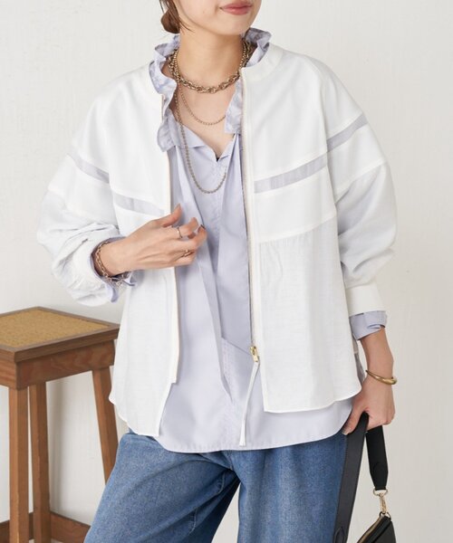 Jena espace merveilleux（ジェナ　エスパスメルヴェイユ）の「【上品シアー】ヨウリュウブルゾン（ノーカラージャケット・レディース・オフホワイト/ブラック/ベージュ・FREE）」の8枚目の写真