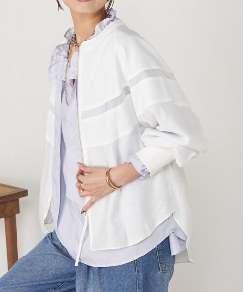 Jena espace merveilleux（ジェナ　エスパスメルヴェイユ）の「【上品シアー】ヨウリュウブルゾン（ノーカラージャケット・レディース・オフホワイト/ブラック/ベージュ・FREE）」の10枚目の写真