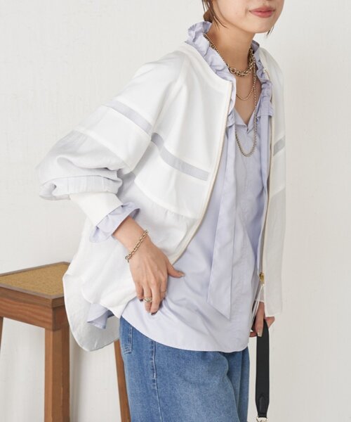 Jena espace merveilleux（ジェナ　エスパスメルヴェイユ）の「【上品シアー】ヨウリュウブルゾン（ノーカラージャケット・レディース・オフホワイト/ブラック/ベージュ・FREE）」の11枚目の写真