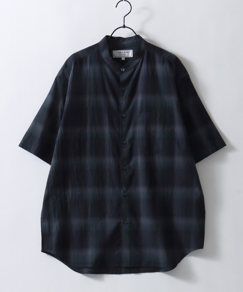 セール】Stripe ＆ Plaid Texture Band Collar Shirt/オーバーサイズ