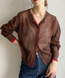 She's Closet（シーズクローゼット）の「リネン混 ショート丈 長袖 配色バイカラー シアーニットカーディガン（カーディガン/ボレロ）」