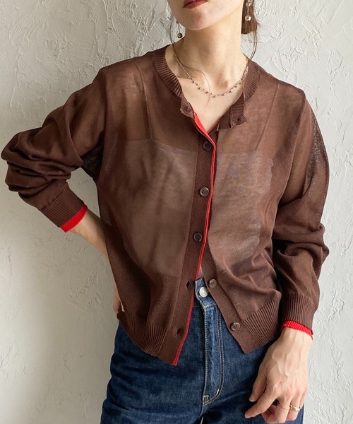 She's Closet(シーズクローゼット)の「リネン混 ショート丈 長袖 配色バイカラー シアーニットカーディガン(カーディガン/ボレロ・レディース・チャコールグレー/ブラウン/ブラック・FREE)」の2枚目の写真