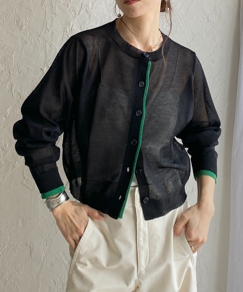 She's Closet(シーズクローゼット)の「リネン混 ショート丈 長袖 配色バイカラー シアーニットカーディガン(カーディガン/ボレロ・レディース・チャコールグレー/ブラウン/ブラック・FREE)」の3枚目の写真