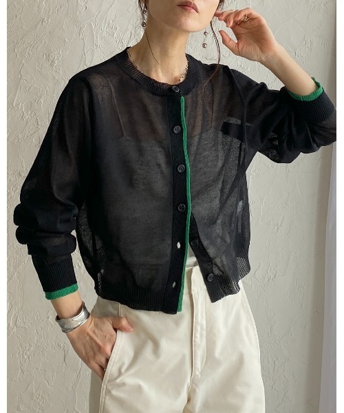 She's Closet(シーズクローゼット)の「リネン混 ショート丈 長袖 配色バイカラー シアーニットカーディガン(カーディガン/ボレロ・レディース・チャコールグレー/ブラウン/ブラック・FREE)」の21枚目の写真