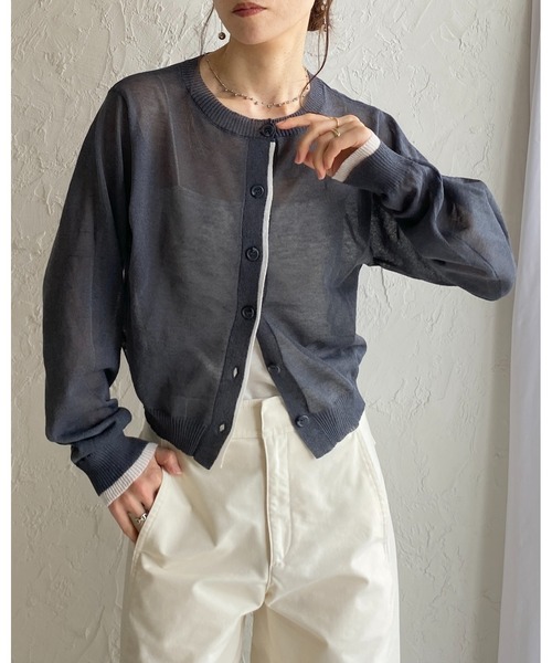 She's Closet(シーズクローゼット)の「リネン混 ショート丈 長袖 配色バイカラー シアーニットカーディガン(カーディガン/ボレロ・レディース・チャコールグレー/ブラウン/ブラック・FREE)」の22枚目の写真