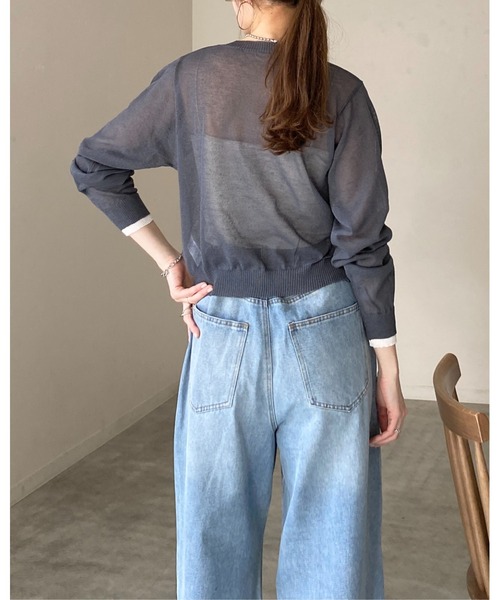 She's Closet(シーズクローゼット)の「リネン混 ショート丈 長袖 配色バイカラー シアーニットカーディガン(カーディガン/ボレロ・レディース・チャコールグレー/ブラウン/ブラック・FREE)」の7枚目の写真