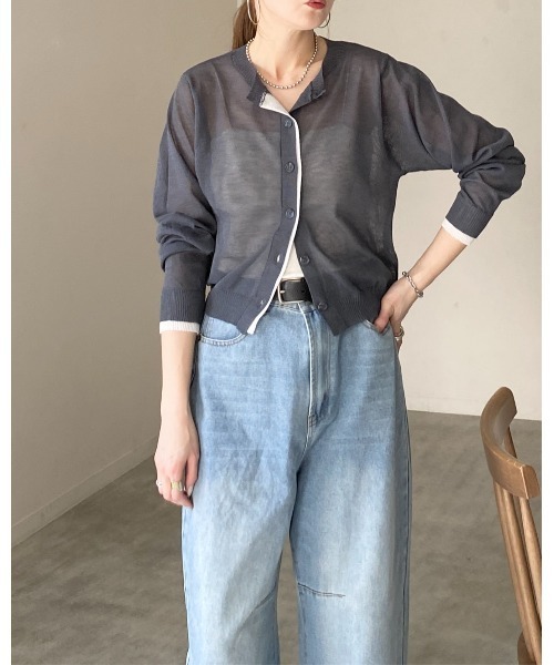 She's Closet(シーズクローゼット)の「リネン混 ショート丈 長袖 配色バイカラー シアーニットカーディガン(カーディガン/ボレロ・レディース・チャコールグレー/ブラウン/ブラック・FREE)」の8枚目の写真