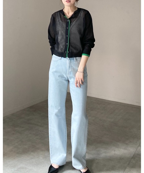 She's Closet(シーズクローゼット)の「リネン混 ショート丈 長袖 配色バイカラー シアーニットカーディガン(カーディガン/ボレロ・レディース・チャコールグレー/ブラウン/ブラック・FREE)」の11枚目の写真