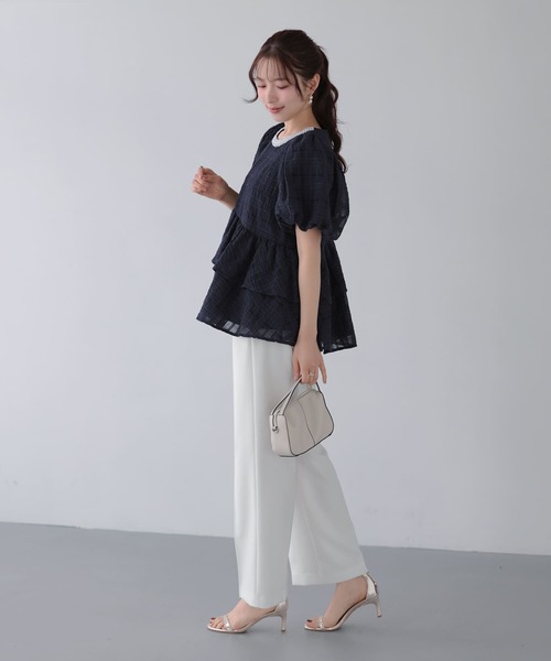 Fit more（フィットモア）の「シアーチェックパールネックレストップス（その他トップス・レディース・ホワイト/ネイビー/ブルー・FREE）」の7枚目の写真