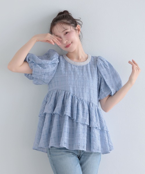 Fit more（フィットモア）の「シアーチェックパールネックレストップス（その他トップス・レディース・ホワイト/ネイビー/ブルー・FREE）」の10枚目の写真