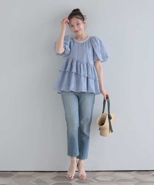 Fit more（フィットモア）の「シアーチェックパールネックレストップス（その他トップス・レディース・ホワイト/ネイビー/ブルー・FREE）」の12枚目の写真