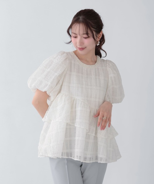 Fit more（フィットモア）の「シアーチェックパールネックレストップス（その他トップス・レディース・ホワイト/ネイビー/ブルー・FREE）」の15枚目の写真
