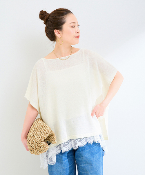B.C STOCK（ベーセーストック）の「手洗い可 / FRENCH ICY LINEN ポンチョプルオーバー（ニット/セーター・レディース・カーキ/ブラック/ピンク/ホワイト・FREE）」の3枚目の写真