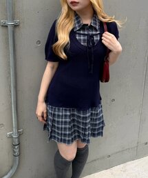 continuer de NICE CLAUP（コンティニューデナイスクラップ）の「カレッジ風のムード漂う、裾プリーツドッキングニットワンピース（ワンピース）」