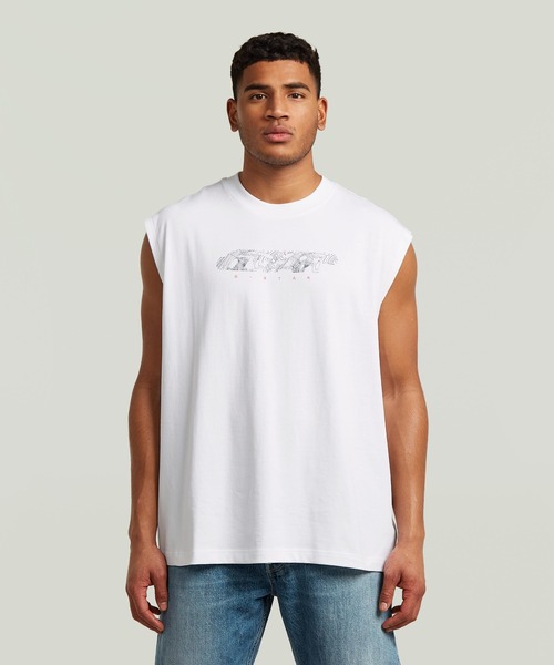 G-STAR(ジースター)の「Loose Graphic Sleeveless T-Shirt/ルーズグラフィックスリーブレスTシャツ(Tシャツ/カットソー・メンズ・ダークブラック/ホワイト・MEDIUM/LARGE/X-SMALL/X-LARGE/SMALL)」の2枚目の写真