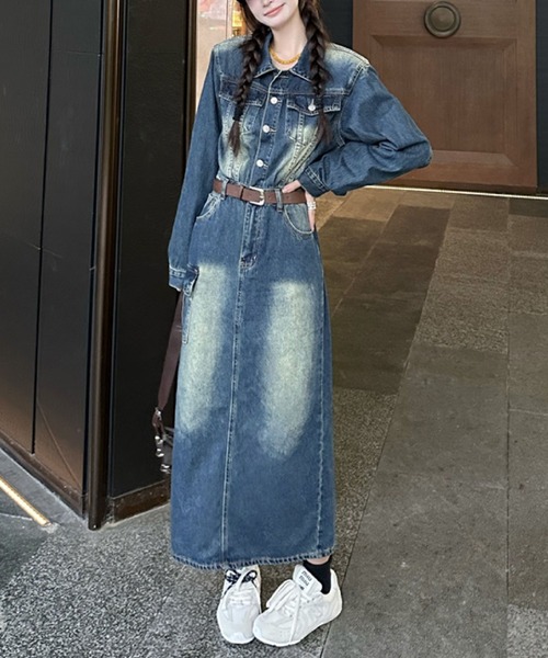 【新品タグ付】DIESEL ベルテッド デニムジャケット ワンピース 2WAY セール】ヴィンテージ風デニムワンピース ベルト付き ロング丈