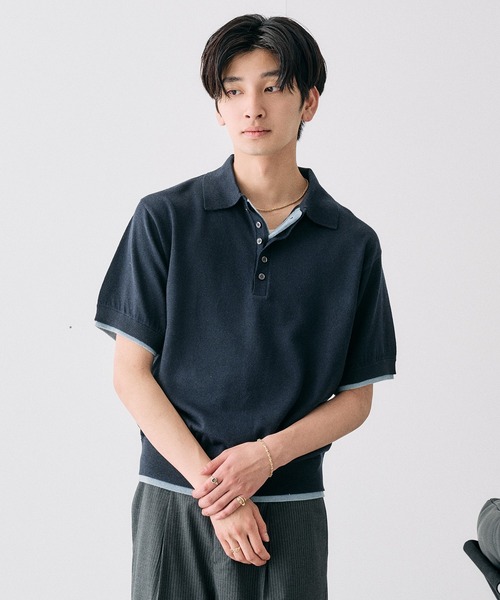 Adoon plain(アドーンプレーン)の「Layered Summer Knit Polo Shirt/レイヤードサマーニットポロシャツ(ニット/セーター・メンズ・ネイビー/アイボリー/チャコールグレー/ボルドー・MEDIUM/LARGE)」の9枚目の写真