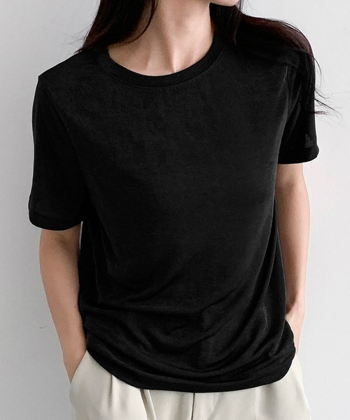 LOWO(ロワ)の「綿混クルーネックオーバーサイズ無地Tシャツ しっとりとしたシルキーな光沢と伸縮性が魅力の大人トップス(Tシャツ/カットソー・レディース・ブラウン/グレー/テラコッタ/ブラック・FREE)」の14枚目の写真